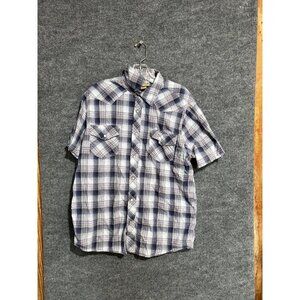 Roebuck & Co Shirt Mens Large Blue Plaid Western Pearl Snap Button Up Casual